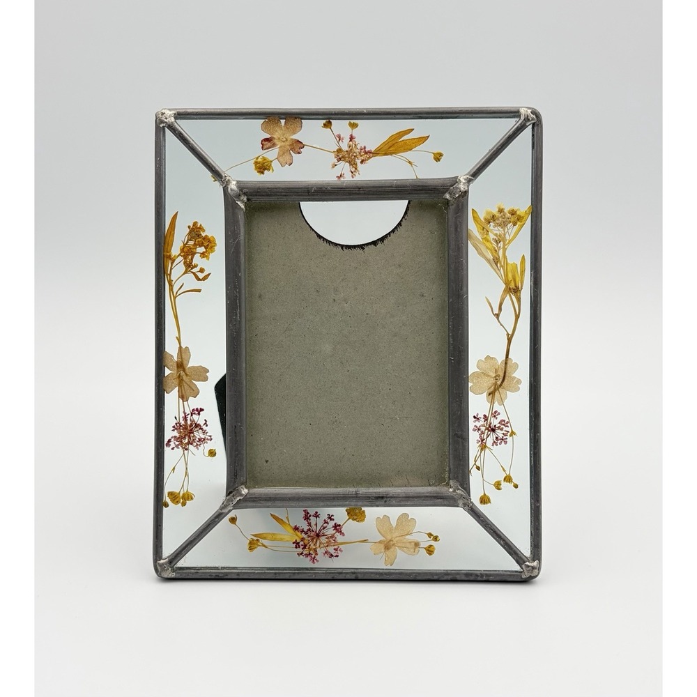 Vtg Stained Glass Picture Frame Real Pressed Flowers Boho Cottage Metal Solder
